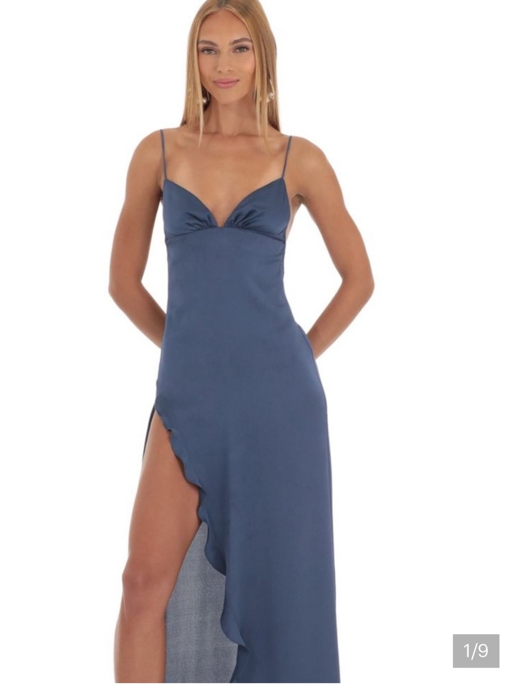 Satin Slip Maxi Dress with Side Ruffle - Blue